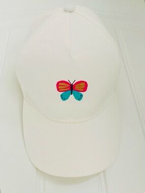 NEW! Kids White Cotton Cap with Pink and Teal Butterfly | 8-11Y
